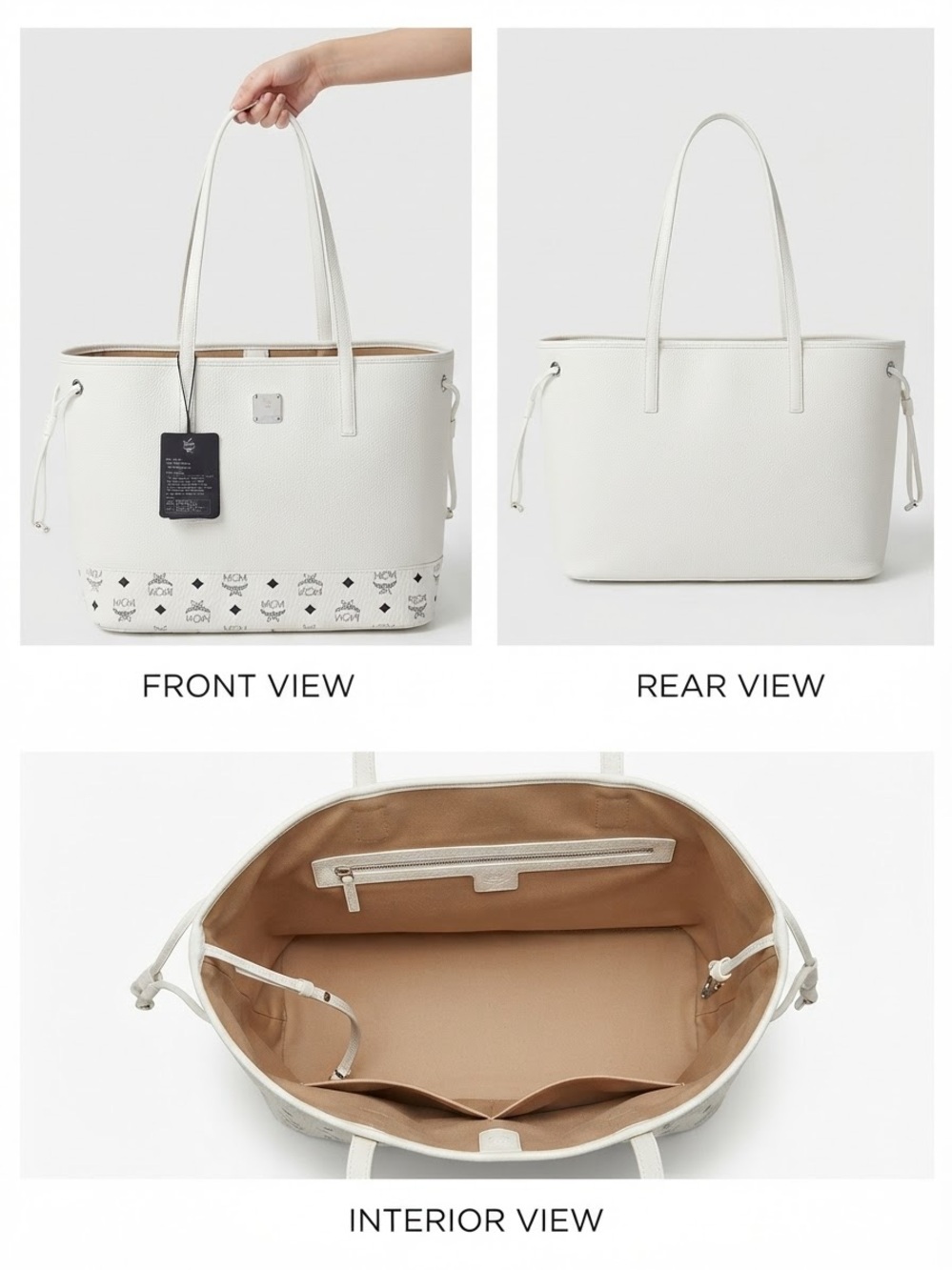 MCM White Leather Logo-Trim Reversible Tote